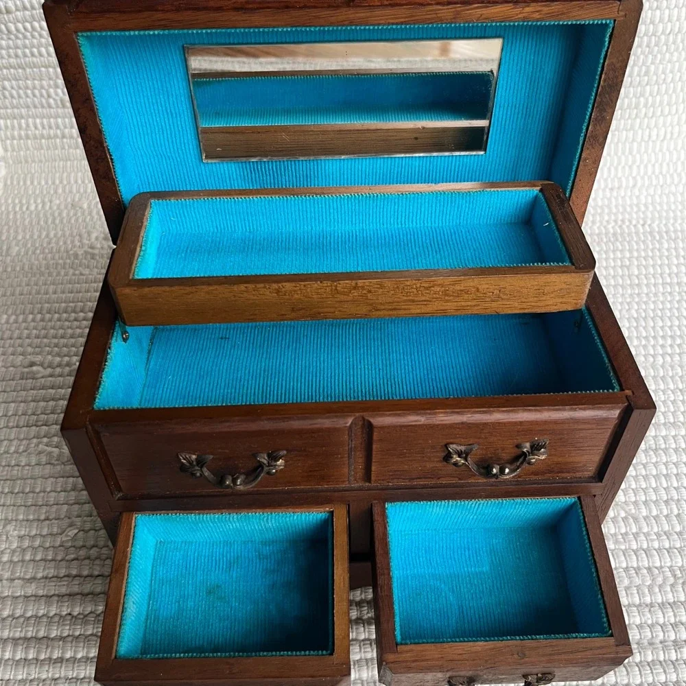 Vintage Wood Jewelry Box Miniature Dresser Chest Blue Lining Mirror Drawer
